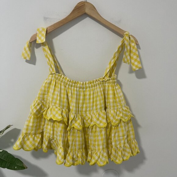 Innika Choo Yellow Gingham Print Flowy Scallop Cropped Tank One Size - Picture 8 of 8